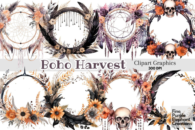 Fall Purple Boho Skulls Wreath Clipart Sublimation Fine Purple Elephant Creations 