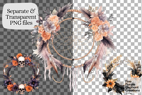 Fall Purple Boho Skulls Wreath Clipart Sublimation Fine Purple Elephant Creations 