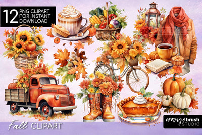 Fall Sublimation Bundle, Watercolor Autumn Clipart PNG Sublimation OrangeBrushStudio 
