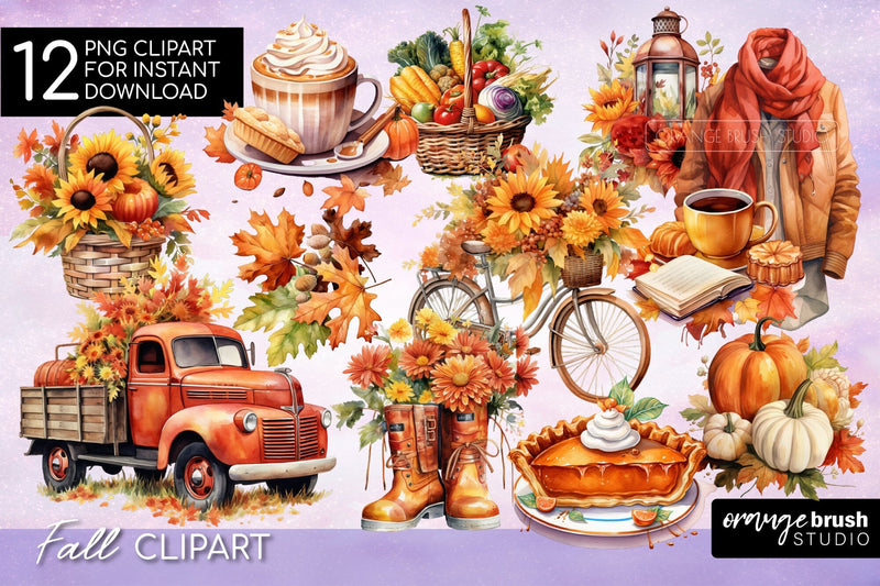 Fall Sublimation Bundle, Watercolor Autumn Clipart PNG - So Fontsy
