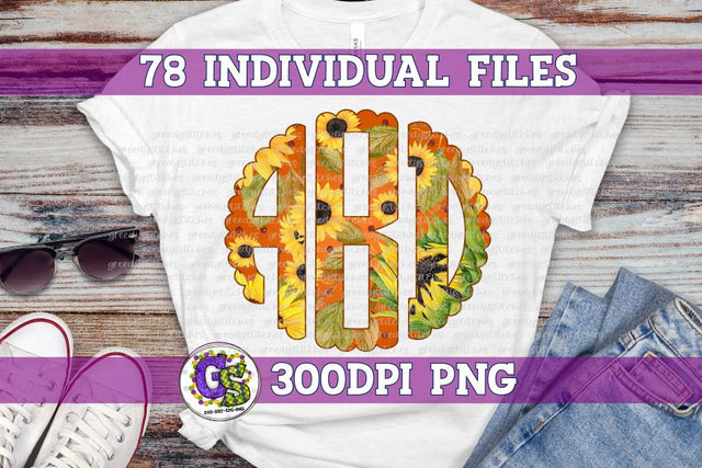 Fall Sunflower Monogram Set PNG for Sublimation Sublimation Greedy Stitches 