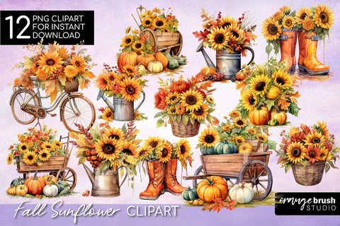 Fall Sunflower Sublimation Designs, Autumn Clipart Sublimation OrangeBrushStudio 