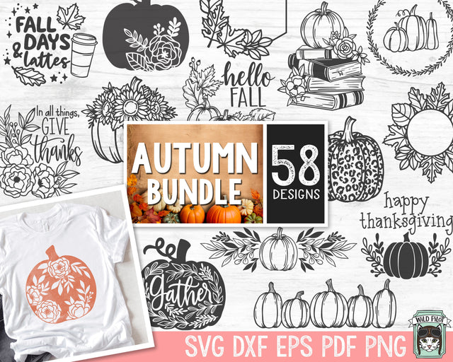 Fall SVG file Bundle, Autumn svg Bundle, Thanksgiving svg bundle, Flower Pumpkin svg, Halloween svg, Floral Pumpkin svg, Fall Sign svg, Book svg SVG Wild Pilot 