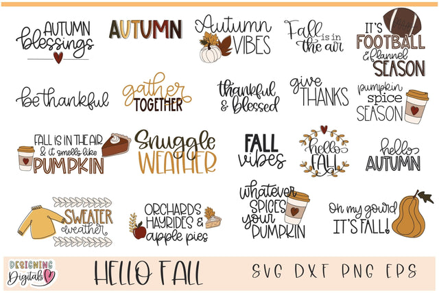 Fall SVG Files For Cricut, Cute Fall Clipart, Hello Fall SVG, Pumpkin svg, fall leaves svg SVG Designing Digitals 