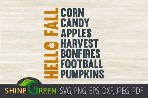 Fall SVG - Hello Fall, Pumpkin, Football Word Art SVG Shine Green Art 