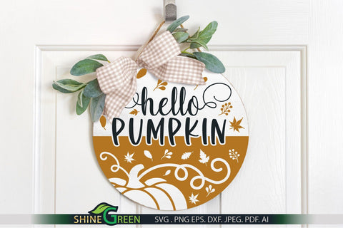 Fall SVG - Hello Pumpkin Round Sign for Home, Farmhouse SVG Shine Green Art 