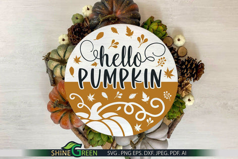 Fall SVG - Hello Pumpkin Round Sign for Home, Farmhouse SVG Shine Green Art 