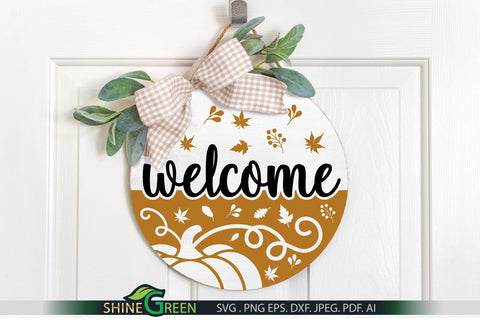 Fall SVG - Welcome Round Sign for Home, Farmhouse SVG Shine Green Art 