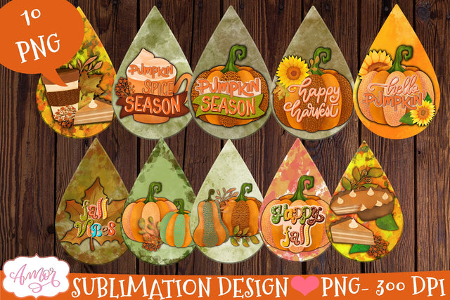 Fall Teardrop earring sublimation Bundle, 10 designs PNG Sublimation Amorclipart 