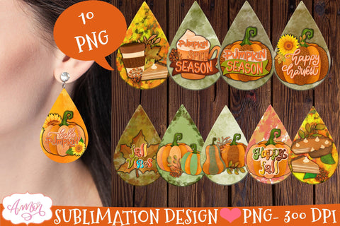 Fall Teardrop earring sublimation Bundle, 10 designs PNG Sublimation Amorclipart 