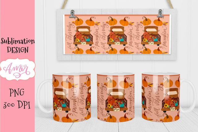 Fall truck 11oz mug sublimation template, pumpkin mug PNG Sublimation Amorclipart 