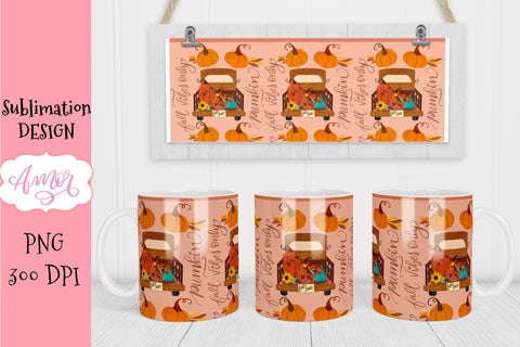 Fall truck 11oz mug sublimation template, pumpkin mug PNG Sublimation Amorclipart 