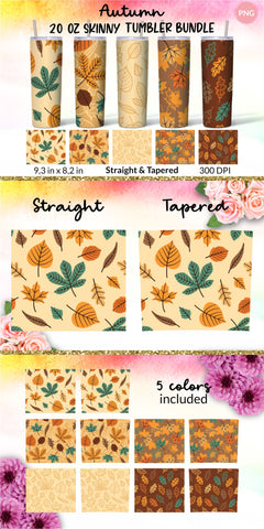 Fall Tumbler, Autumn Tumbler, Leaves tumbler, Autumn Vibes, Fall vibes, Floral tumbler, Tumbler Bundle for 20 oz Skinny Sublimation Wrap Design. Straight and Tapered PNG file Sublimation KatineDesign 