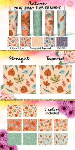 Fall Tumbler, Orange and Green, Autumn Tumbler, Leaves tumbler, Autumn Vibes, Fall vibes, Floral tumbler, Tumbler Bundle for 20 oz Skinny Sublimation Wrap Design. Straight and Tapered PNG file Sublimation KatineDesign 