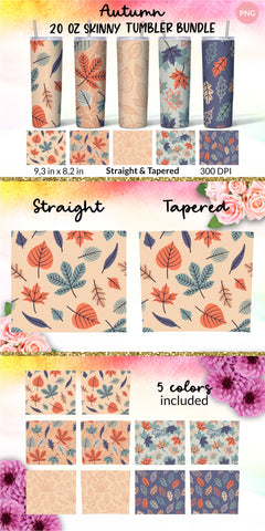 Fall Tumbler, Peach and Blue, Autumn Tumbler, Leaves tumbler, Autumn Vibes, Fall vibes, Floral tumbler, Tumbler Bundle for 20 oz Skinny Sublimation Wrap Design. Straight and Tapered PNG file Sublimation KatineDesign 