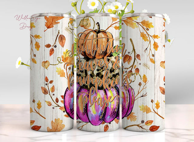 Fall Tumbler Wrap 20oz Skinny Design Sublimation PNG Autumn Leaves and Pumpkin Please Tumbler Design Wrap Download with Fall Leaves Sublimation WillowSageDesign 