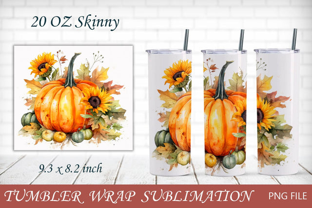 Fall tumbler wrap png, Autumn pumpkin with sunflower, 20 oz skinny Sublimation AnastasiyaArtDesign 