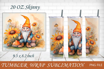 Fall tumbler wrap with gnome and sunflowers, Autumn 20 oz skinny Sublimation AnastasiyaArtDesign 