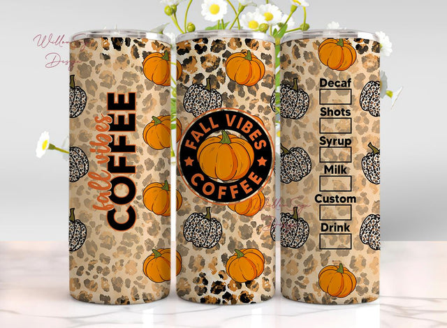 Fall vibes 20oz Skinny Tumbler, Leopard Fall PNG Autumn Fall Pumpkins Sublimation Straight & Tapered Tumbler PNG File Digital Download Sublimation WillowSageDesign 