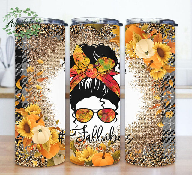 Fall Vibes 20oz Skinny Tumbler, Messy Bun Fall Tumbler Design, Pumpkin Sunflower Autumn Leaves Tumbler Png, Glitter Tumbler Wrap, Fall Sublimation Design, Digital Download Sublimation AdriOP 