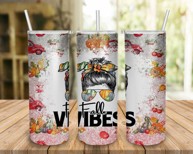 Fall Vibes Messy Bun Tumbler 20oz PNG, Fall Vibes Tumbler Wrap Sublimation SVG BOO-design 