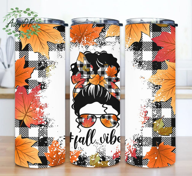 Fall Vibes Tumbler 20oz Skinny Tumbler, Hello Fall Tumbler, Autumn Vibes, Messy Bun Fall Vibes Tumbler, Fall Leaves Tumbler Sublimation AdriOP 