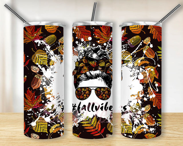 Fall Vibes Tumbler Wrap, Messy bun Mom, Fall Vibes Tumbler Sublimation, 20 oz Tumbler Wrap, Autumn Pumpkin pattern, Seamless Sublimation Sublimation BouDesign 