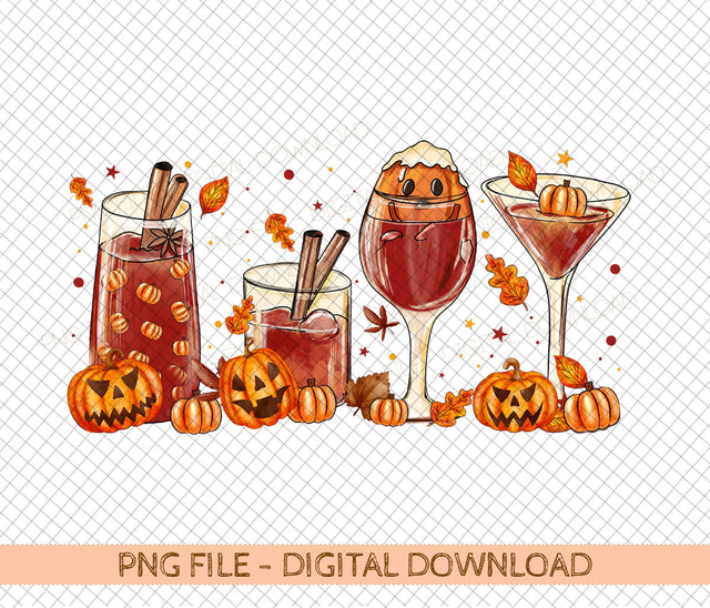 Fall wine glasses PNG files pumpkin Mulled wine iced warm cozy autumn orange digital Sublimation design hand drawn Printable Tshirt Sublimation DiamondDesign 
