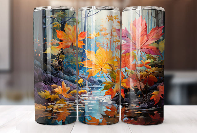 Falling Leaves over Water, Autumn 20 oz Skinny Tumbler Sublimation Design Digital Download PNG Instant DIGITAL ONLY, Straight tumbler wrap. Sublimation Jenn Driscoll 