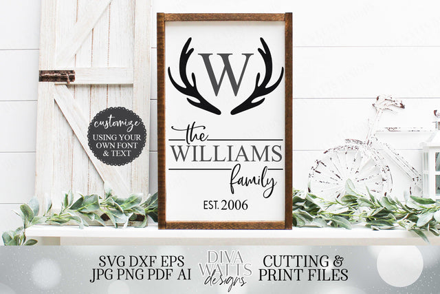 Family Last Name Monogram Sign | Farmhouse Sign | Antlers SVG Diva Watts Designs 