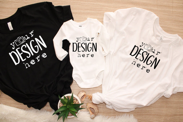 Family Mockup, Matching Tshirts, Kids Bodysuits, Black and White Shirts Mockups, Mock Up Photo ArtStudio 