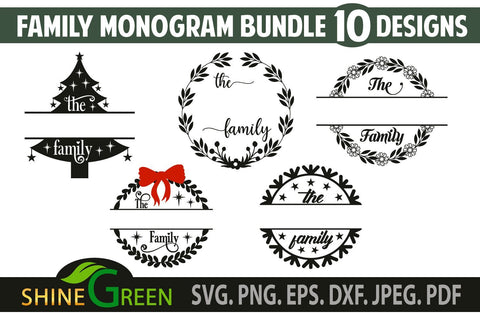 Family Monogram Bundle SVG - 10 Flower Family Frames SVG Shine Green Art 