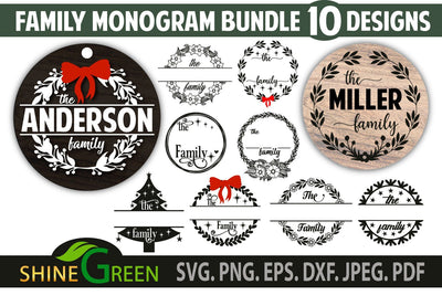 Family Monogram Bundle SVG - 10 Flower Family Frames SVG Shine Green Art 