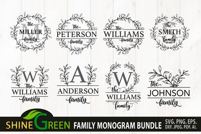 Family Monogram Bundle SVG - 8 Flower Wreath for Farmhouse, Home SVG Shine Green Art 