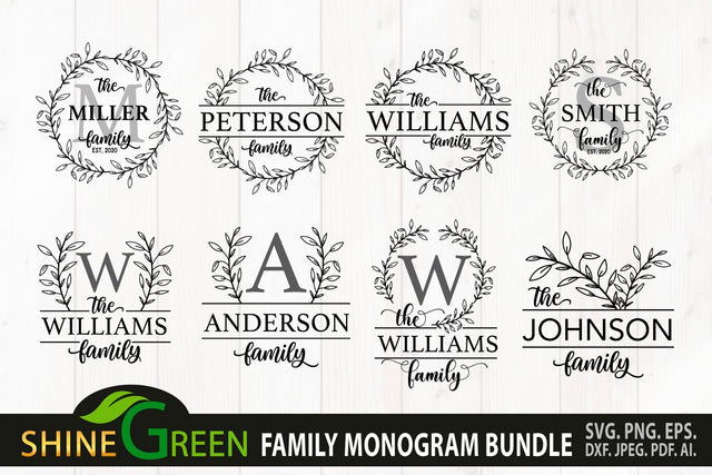 Family Monogram Bundle SVG - 8 Flower Wreath for Farmhouse, Home SVG Shine Green Art 