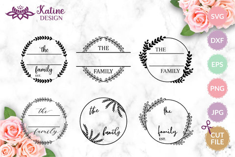 Family monogram bundle svg family name sign floral frames and wreaths. Personalized family sign, round wood signs. Jpg, png, eps, dxf, svg cut file. SVG KatineDesign 