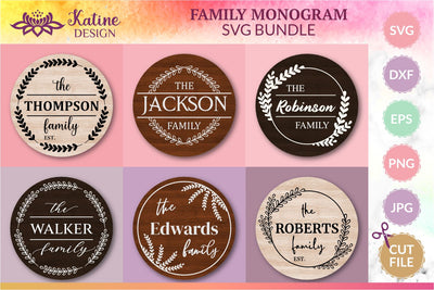 Family monogram bundle svg family name sign floral frames and wreaths. Personalized family sign, round wood signs. Jpg, png, eps, dxf, svg cut file. SVG KatineDesign 