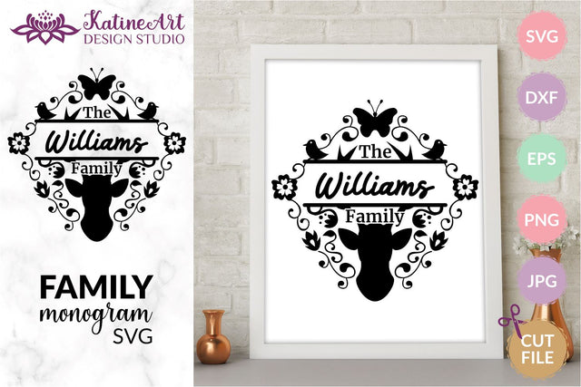 Family monogram last name sign frame with deer head svg. Jpg, png, eps, dxf, svg cut file. SVG KatineArt 