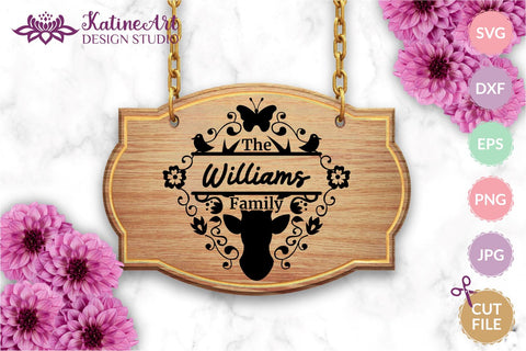 Family monogram last name sign frame with deer head svg. Jpg, png, eps, dxf, svg cut file. SVG KatineArt 