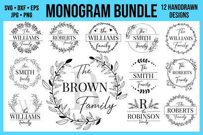 Family Monogram SVG Bundle | 12 Hand Drawn Monogram Wreaths SVG Hippo Creations 