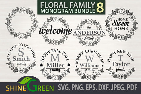 Family Monogram SVG Bundle, Floral Name Frames with Handmade Flowers for Fall, Christmas SVG Shine Green Art 