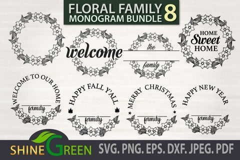 Family Monogram SVG Bundle, Floral Name Frames with Handmade Flowers for Fall, Christmas SVG Shine Green Art 