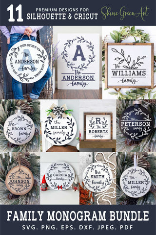 Family Monogram SVG Bundle with 11 Farmhouse Wreath SVG Shine Green Art 