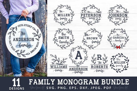 Family Monogram SVG Bundle with 11 Farmhouse Wreath SVG Shine Green Art 