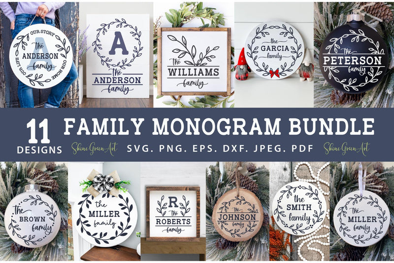 Family Monogram SVG Bundle with 11 Farmhouse Wreath SVG Shine Green Art 
