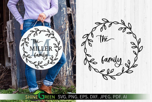 Family Monogram SVG Round Sign - Flower Wreath Frame SVG Shine Green Art 