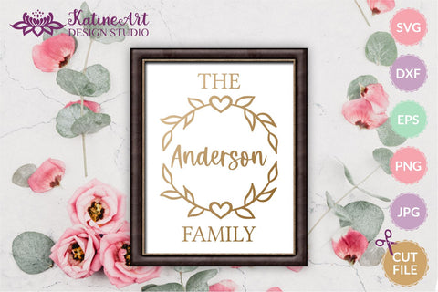 Family Name Sign Family monogram svg including floral frame with heart. Personalized family sign. Jpg, png, eps, dxf, svg cut file. SVG KatineArt 