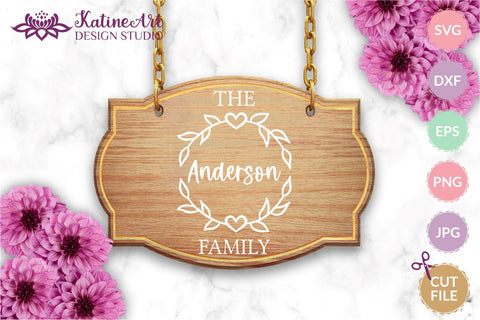Family Name Sign Family monogram svg including floral frame with heart. Personalized family sign. Jpg, png, eps, dxf, svg cut file. SVG KatineArt 