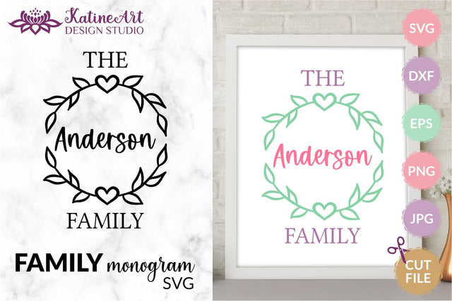 Family Name Sign Family monogram svg including floral frame with heart. Personalized family sign. Jpg, png, eps, dxf, svg cut file. SVG KatineArt 