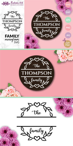 Family Name Sign Family monogram svg including split monogram with floral wreath and heart. Personalized family sign. Jpg, png, eps, dxf, svg cut file. SVG KatineArt 